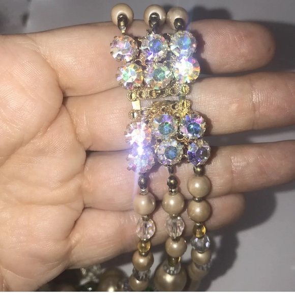 Lisner Vintage Necklace Clip Earring Set Costume  Aurora Borealis Crystal Pearl - Picture 9 of 10